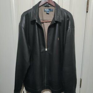 Polo Ralph Lauren 2XL Leather Black Jacket Adult Herringbone Lining EUC